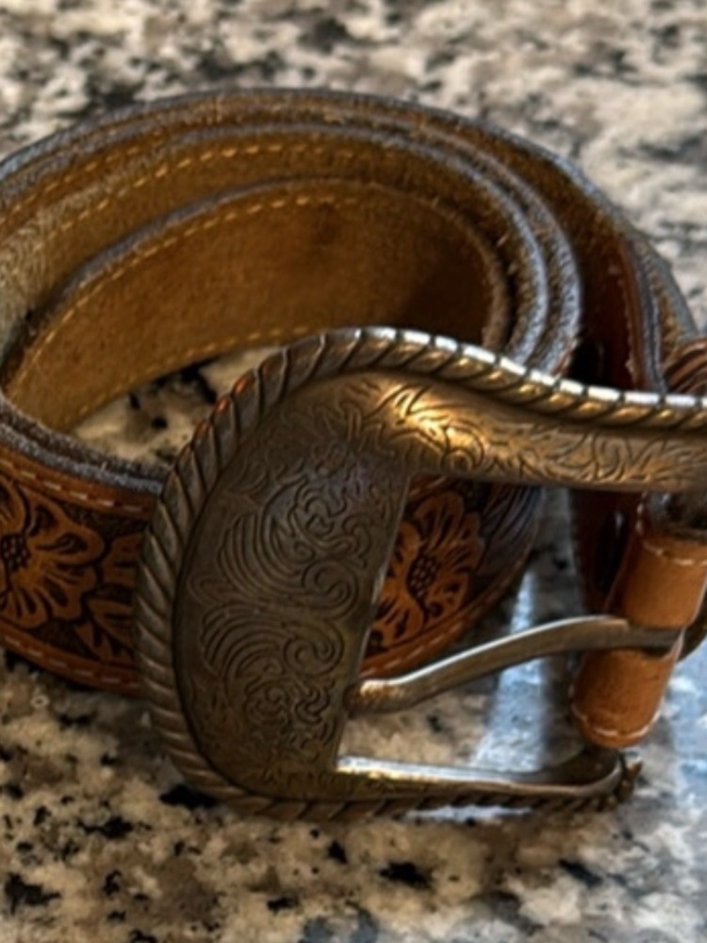 Tooled Leather Western Belt with Ornate Metal Buckle - Brown